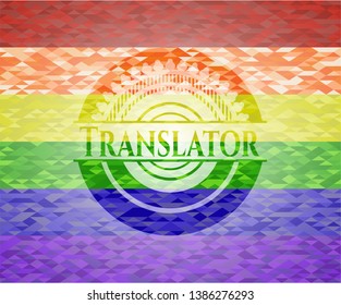 Translator emblem on mosaic background with the colors of the LGBT flag