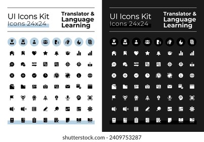 Translator glyph ui icons set for dark, light mode. Language learning. Silhouette symbols for night, day themes. Solid pictograms. Vector isolated illustrations. Montserrat Bold, Light fonts used