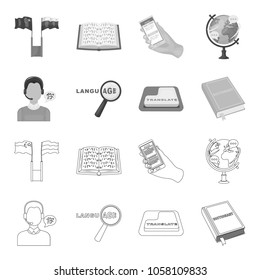 A translator in headphones, a magnifying glass showing translation, a button with an inscription, a book with a bookmark. Interpreter and translator set collection icons in outline,monochrome style