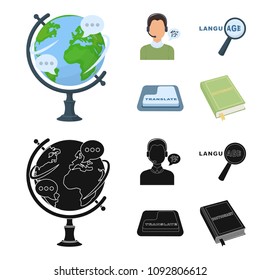 A translator in headphones, a magnifying glass showing translation, a button with an inscription, a book with a bookmark. Interpreter and translator set collection icons in cartoon,black style vector