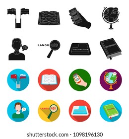 A translator in headphones, a magnifying glass showing translation, a button with an inscription, a book with a bookmark. Interpreter and translator set collection icons in black,flet style vector