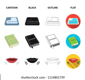 A translator in headphones, a magnifying glass showing translation, a button with an inscription, a book with a bookmark. Interpreter and translator set collection icons in cartoon,black,outline,flat