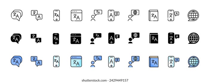 Translator icon collection. Translate icons. Linear, silhouette and flat style. Vector icons