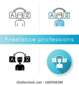 Translator icon. Foreign language freelance interpreter. Interpretation and translation, international communication. Linear black and RGB color styles. Isolated vector illustrations
