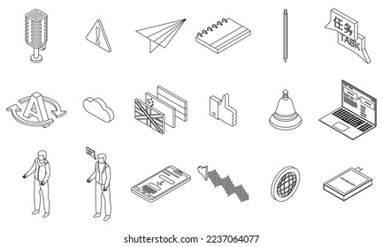 Translator icons set. Isometric set of translator vector icons outline on white thin line collection