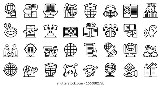 Translator icons set. Outline set of translator vector icons for web design isolated on white background