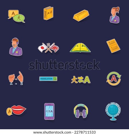 Translator icons set stikers collection vector with shadow on purple background