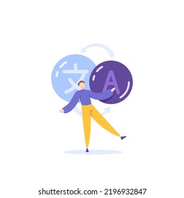 translator, language guide, language translator app. foreign language training. a teacher explains how to translate the correct language. illustration concept design. graphic elements