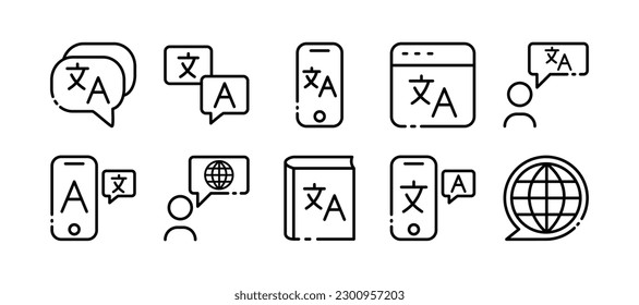 Traductor. Icono de línea, negro, tipos de traductores. Iconos vectores.
