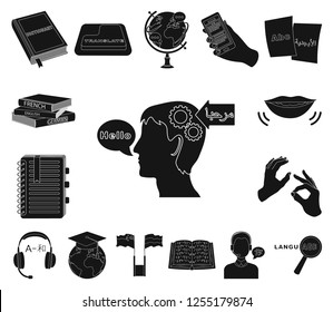 Translator and linguist black icons in set collection for design. Interpreter vector symbol stock web illustration.