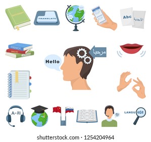Translator and linguist cartoon icons in set collection for design. Interpreter vector symbol stock web illustration.