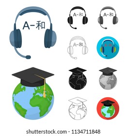 Translator and linguist cartoon,black,flat,monochrome,outline icons in set collection for design. Interpreter vector symbol stock web illustration.