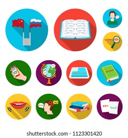 Translator and linguist flat icons in set collection for design. Interpreter vector symbol stock web illustration.