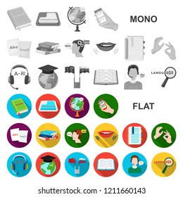 Translator and linguist flat icons in set collection for design. Interpreter vector symbol stock web illustration.
