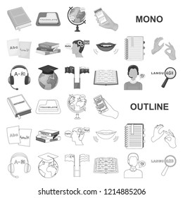 Translator and linguist monochrom icons in set collection for design. Interpreter vector symbol stock web illustration.