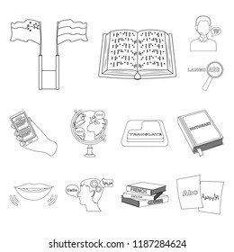 Translator and linguist outline icons in set collection for design. Interpreter vector symbol stock web illustration.