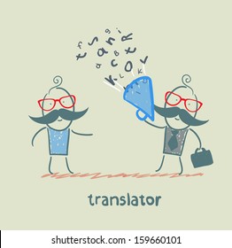 translator listens as businessman shouting into a megaphone