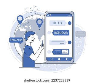Translator on smartphone. Guy reads text in foreign language on background of planet. Modern technologies and digital world. Application for tourists and travelers. Cartoon flat vector illustration