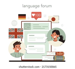 Translator online service or platform. Linguist translating document, book and speach. Multilanguage translator. Online language forum. Flat vector illustration