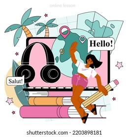 Translator online service or platform. Linguist translating document, book and direct speech. Interpreter performing translation. Online lesson. Flat vector illustration