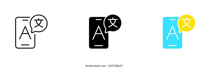 Translator in the phone set icon. Translate site into your language, show original, select language, polyglot. Versionist concept. Vector icon in line, black and colorful style on white background