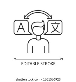 Translator pixel perfect linear icon. Interpretation, translation, international communication. Thin line customizable illustration. Contour symbol. Vector isolated outline drawing. Editable stroke