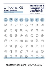 Translator pixel perfect linear ui icons set. Language learning. Communication. Machine translation. Outline isolated user interface elements. Editable stroke. Montserrat Bold, Light fonts used