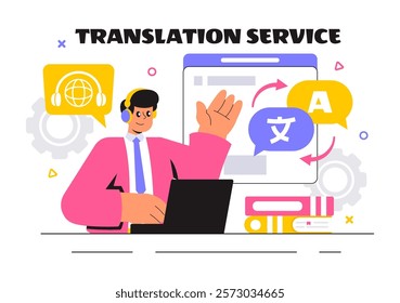 Translator Service Vector Illustration Featuring Multilanguage Translation for Various Countries Using a Dictionary in a Flat Style Cartoon Background