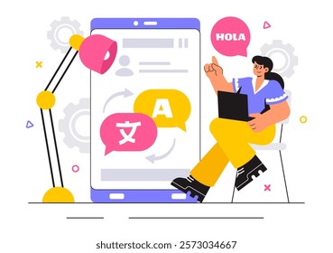 Translator Service Vector Illustration Featuring Multilanguage Translation for Various Countries Using a Dictionary in a Flat Style Cartoon Background