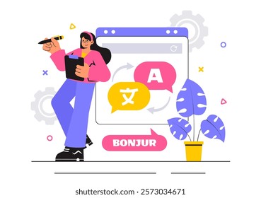 Translator Service Vector Illustration Featuring Multilanguage Translation for Various Countries Using a Dictionary in a Flat Style Cartoon Background