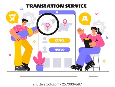 Translator Service Vector Illustration Featuring Multilanguage Translation for Various Countries Using a Dictionary in a Flat Style Cartoon Background
