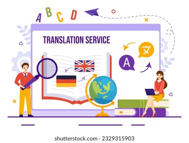 Ilustración de vectores de servicios de traducción con traducción de idiomas en varios países y multilenguaje mediante el uso del diccionario en plantillas dibujadas a mano