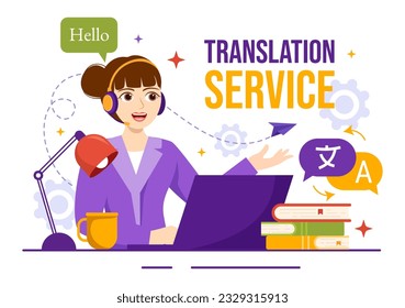 Translator Service Vector Illustration with Language Translation Various Countries and Multilanguage Using Dictionary in Hand Drawn Templates