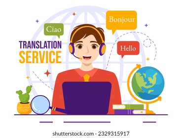 Translator Service Vector Illustration with Language Translation Various Countries and Multilanguage Using Dictionary in Hand Drawn Templates
