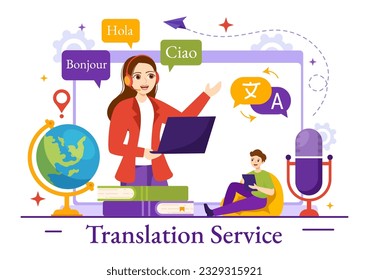 Translator Service Vector Illustration with Language Translation Various Countries and Multilanguage Using Dictionary in Hand Drawn Templates