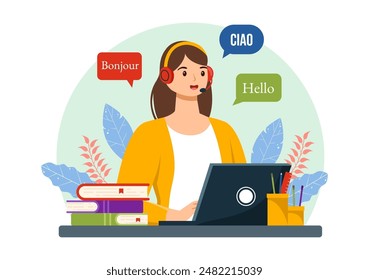 Translator Service Vector Illustration with Language Translation for Various Countries and Multilanguage Using Dictionary in a Flat Cartoon Background