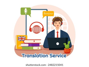 Traductor Ilustración vectorial de servicios con traducción de idiomas para varios países y multilingüe usando diccionario en un fondo plano de dibujos animados