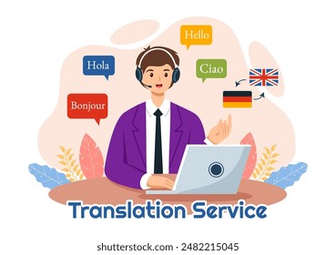 Translator Service Vector Illustration with Language Translation for Various Countries and Multilanguage Using Dictionary in a Flat Cartoon Background