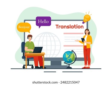 Translator Service Vector Illustration with Language Translation for Various Countries and Multilanguage Using Dictionary in a Flat Cartoon Background