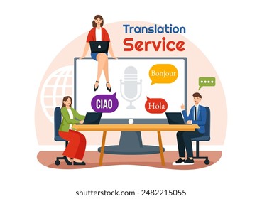 Traductor Ilustración vectorial de servicios con traducción de idiomas para varios países y multilingüe usando diccionario en un fondo plano de dibujos animados