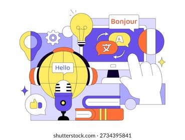 Ilustración vectorial del servicio del traductor que muestra la traducción multilingüe a través de varios países usando un diccionario en fondo plano del estilo de la historieta