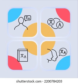 Translator Set Icon. Interpreter, Hieroglyph, Letter, Book, Dictionary,, Foreign Language, Communication, Vocabulary, Bilingual. Multilingual Concept. Neomorphism Style. Vector Line Icon For Business