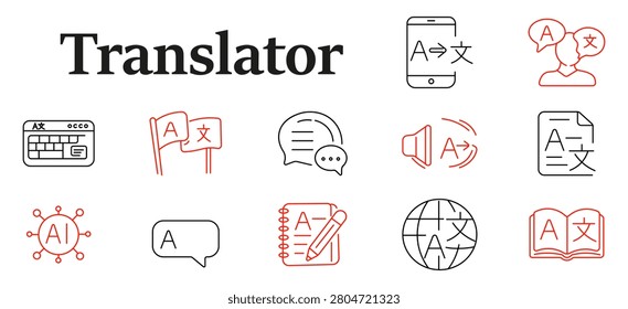 Translator set icon. Multilingual application, speech bubbles, dictionary, document conversion, language notebook, communication technology, linguistic interface, translation service symbols