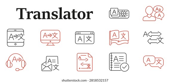 Translator set icon. Multilingual interface, dictionary display, document conversion, speech communication, linguistic software, translation technology, educational language service symbols