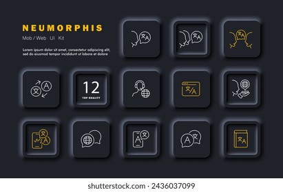 Icono de conjunto de traductor. Traductor, soporte, traducción de voz, comunicación en diferentes idiomas, diccionario, traducción de imágenes, traducción de sitios web. Estilo neomorfista. Icono de línea vectorial