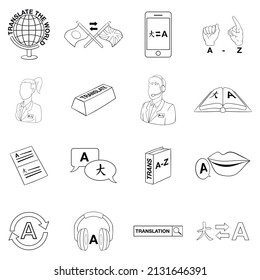 Translator set icons in outline style isolated on white background