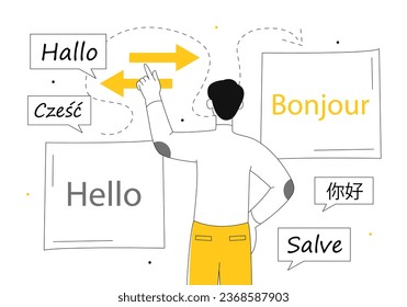 Translator with text line concept. International communication and interaction. Man with mobile application and programs. Linear flat vector illustration isolated on white background
