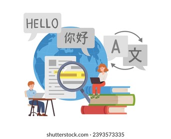 Translator and translation service concept. Computer technologies, books, magnifying glass and Search app on world map. Multilanguage people using dictionary. Vector illustration isolated on white