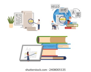 Translator and translation service concept. Computer technologies, books, magnifying glass, world map and Search app. Multilanguage people using dictionary. Vector illustrations set isolated on white