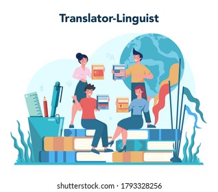 Translator and translation service concept. Polyglot translating document, books and speach. Multilanguage translator using dictionary. Isolated vector illustration